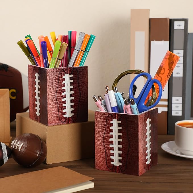 Sherr 2 Pcs Wood Pencil Holder Pen Holder for Classroom Back to School Football Pencils Cup Wooden Dispenser Storage Organizer for Teacher Students First Day School Gifts Office Desk