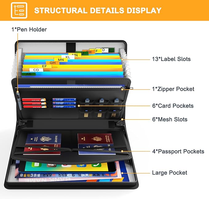 Hontom 5200℉ Accordion File Organizer with Handle Fireproof | 13 Pockets Fireproof Document Organizer ,Portable Travel Home Storage File Folder for Important Document and Paper ,Black