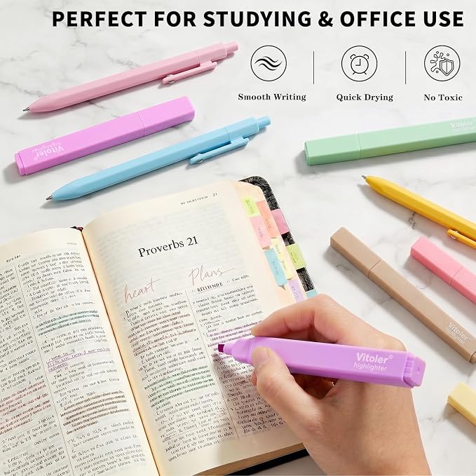 Piochoo Highlighters Assorted Colors and Retractable Black Ink Pens Set | Chisel Tip Aesthetic Highlighters and 0.5mm Smooth Writing Gel Pens for Women Nurse Office Back to School Supplies