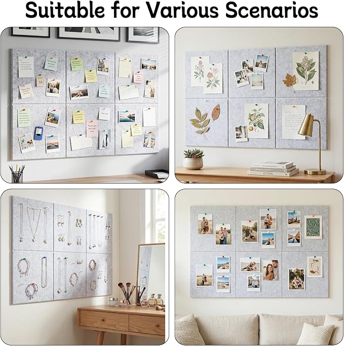 Cork Board Alternative 28" x 19", 6 Pack Felt Bulletin Boards, Pin Board | Includes Pushpins & 35 Safe Removable Adhesive Tabs, High-Density, Notice Boards for Walls Office Home Decor - Light Gray