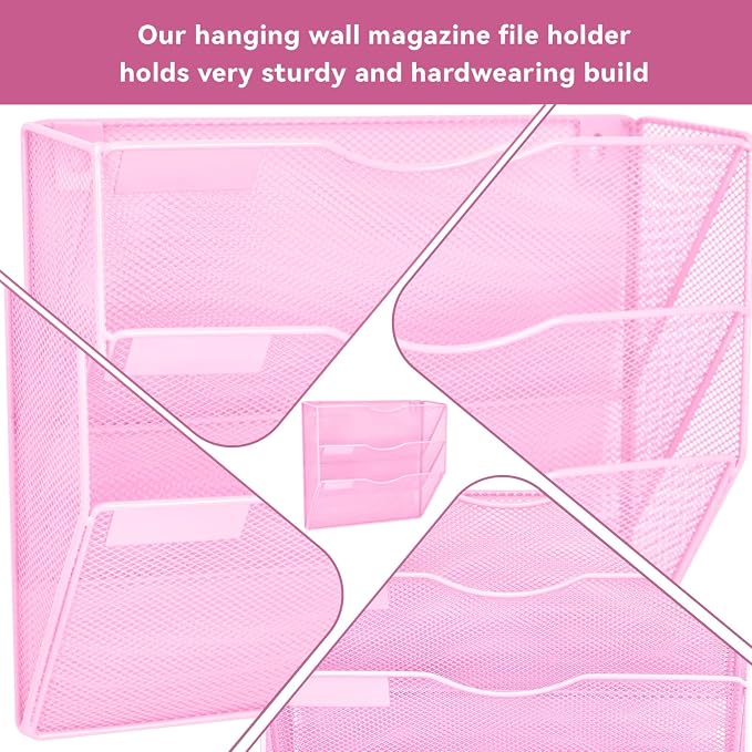 3 Pockets Mesh Wall File Holder Organizer Office Hanging File Folder Magazine Rack, Nametag Label Hooks Set Included (Pink)