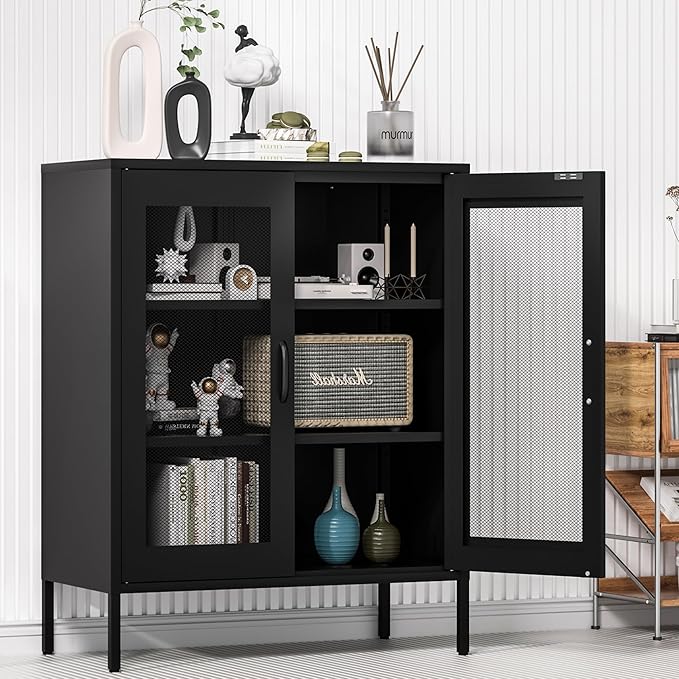 Washsemba Metal Storage Cabinet with Mesh Doors and Shelves,Multipurpose Storage Rack, 3-Tier Office Cabinet,Metal Locker Style Accent for Home Office,Living Room,Kitchen (Black-mesh, 40''H)