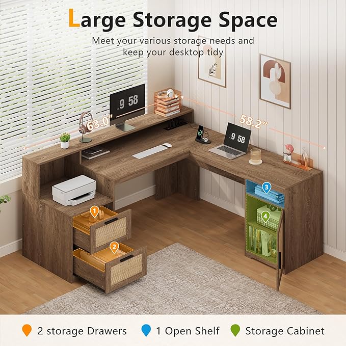63" Rattan L Shaped Desk with Drawers & Printer Shelf for Home Office | Corner Computer Desk with Storage, Power Outlets, L Shaped Office Desk with Monitor Stand, Printer Shelf, Oak