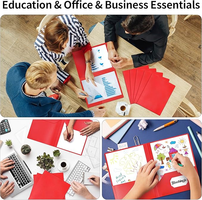 6 Pack Folders with Pockets Red, 2 Pocket Plastic Folder with Pockets for School File Folder for Documents Letter Size with Business Card Slot Back to School Office Teacher Supplies