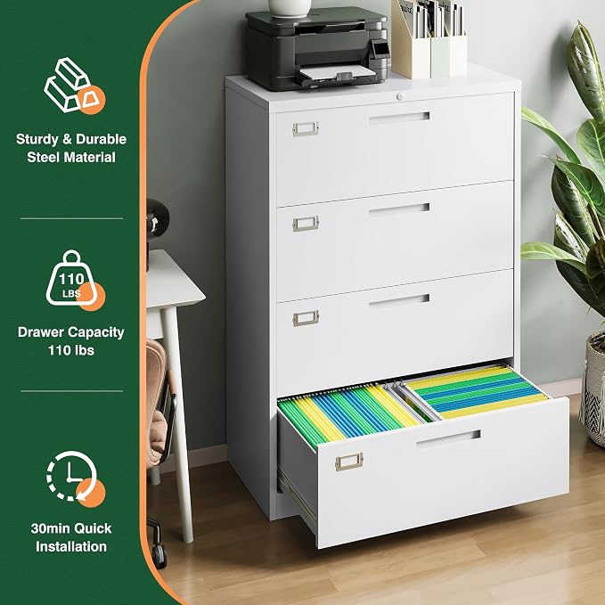 4 Drawer File Cabinet with Lock, Metal Lateral Filing Cabinet Wide Office Organization Storage for Home Office Hanging Letter/Legal/F4/A4 (White-Requires Installation)
