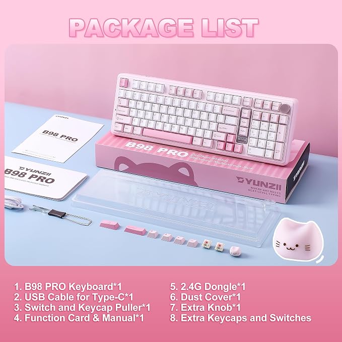 YUNZII B98 PRO 96% Wireless Mechanical Keyboard(Pink, Candy Switch) | QMK/VIA, with Numpad, Dual-Style Knob Design, Creamy Pre-Lubed Switches, Hot Swap, Gasket Mount, RGB for Gaming/Win/Mac