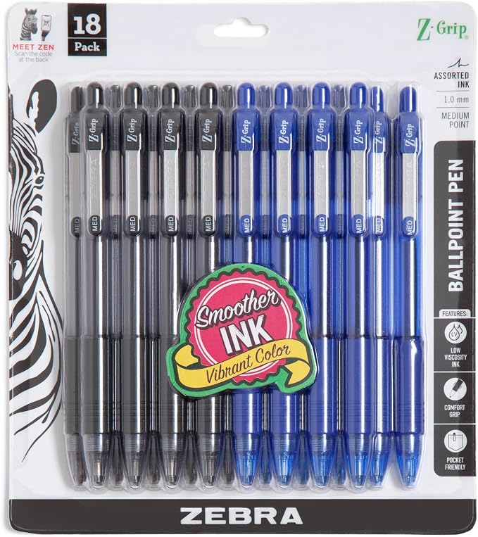 Zebra Pen Z-Grip Retractable Ballpoint Pen, Black/Blue, 1.0mm, 18-Pack | Smooth Writing, Medium Point Tip, Ideal for Planners, Note-Taking, and School and Office Supplies (22018amz)