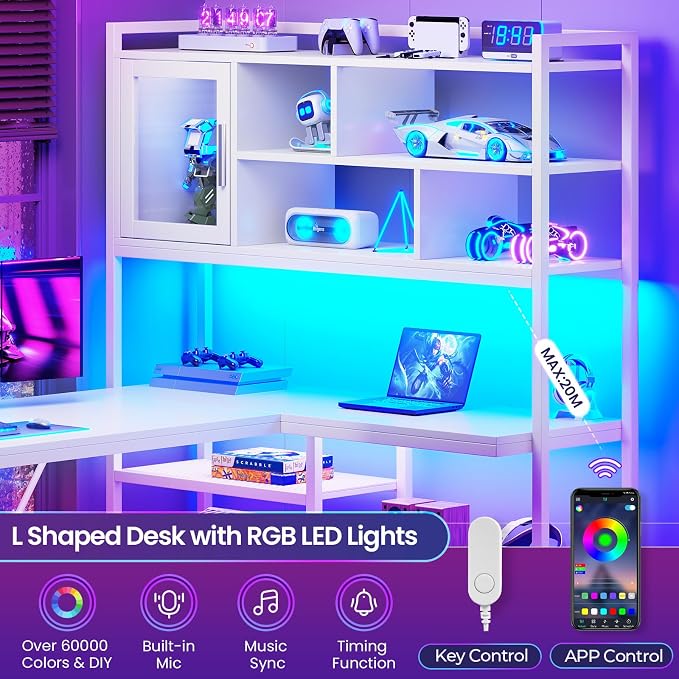 SEDETA L Shaped Computer Desk with Storage Shelves and Bookshelf, White | 58'' Reversible Office Desk with LED Light, Glass Door Cubby, L Shaped Corner Desk for Gaming, Two Monitors, Small Space