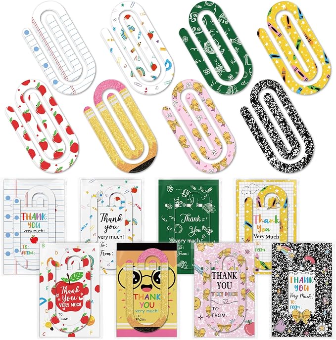 IANFEPH 24 Sets Back to School Teacher Gift Jumbo Acrylic Paper Clips | 8 Cute Paperclip Designs with Card, 4" X 2" Large Teacher Appreciation Paperclip Bookmark for Classroom Office Supplies