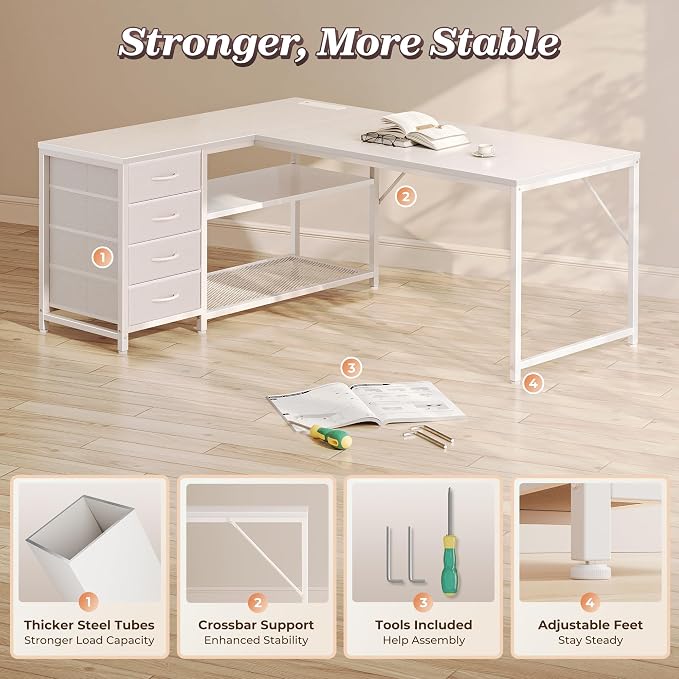 53" L Shaped Desk with Power Outlets & 4 Drawers | Reversible Computer Desk with 2 Storage Shelves, Large Corner Office Desk for Gaming Writing Work Study, White