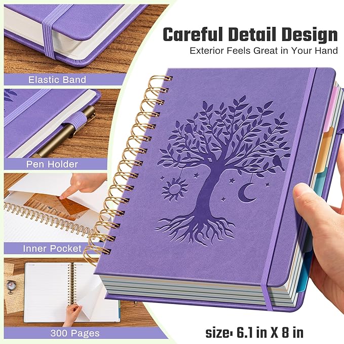Hardcover Spiral Notebook 6.1" x 8.4" with 5 Removable Dividers 300 Pages Leather 5 Subject Notebook College Ruled 100GSM Large Spiral Notebooks for Work Thick Lined Journal for Women, Purple