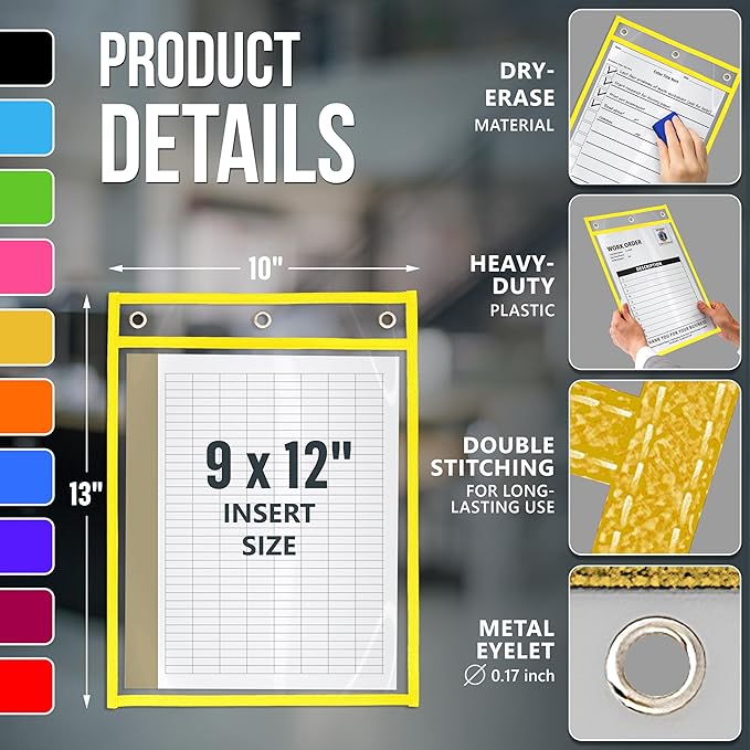 35 Pack Job Ticket Holders 9x12 inch - Colored Work Order Plastic Sleeves - Shop Ticket Holders - Reusable Dry Erase Pocket Sleeves - Sheet Protectors Heavy Duty - Clear Paper Sleeves Protector