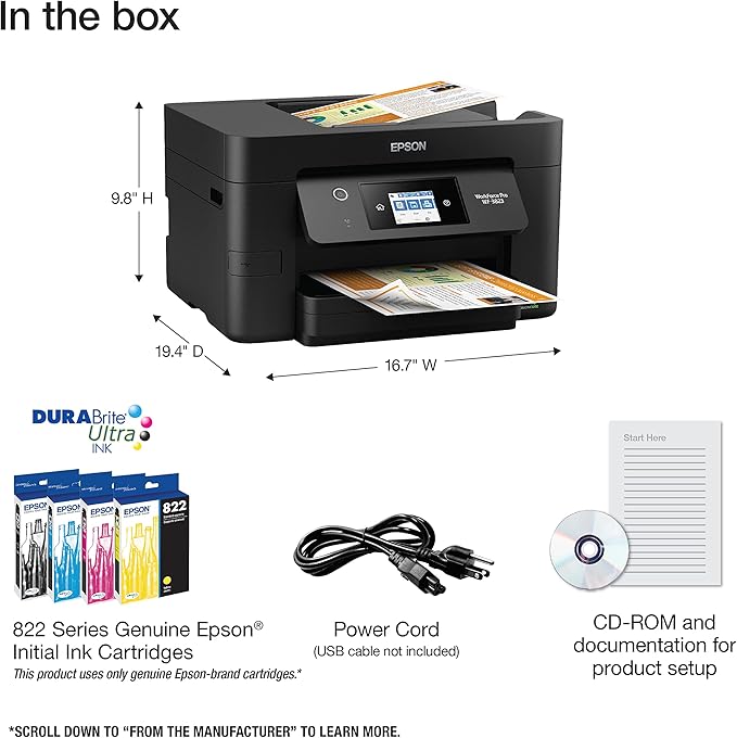 Epson Workforce Pro WF-3823 Wireless All-in-One Printer with Auto 2-Sided Printing, 35-Page ADF, 250-Sheet Paper Tray and 2.7" Color Touchscreen, Black