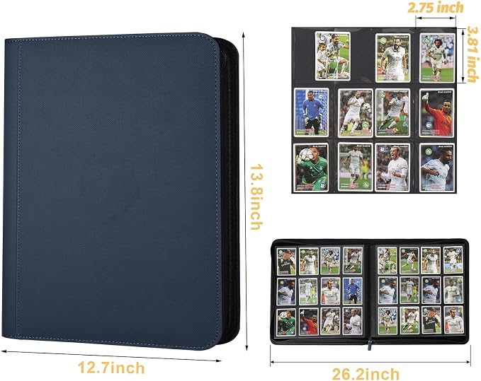 12 Pocket Ringless Side Loading Trading Card Binder, 720 Cards PU Fixed Page Zipper Card Album for TCG Sports Game Cards, Not Fit Top Loaders (Blue)