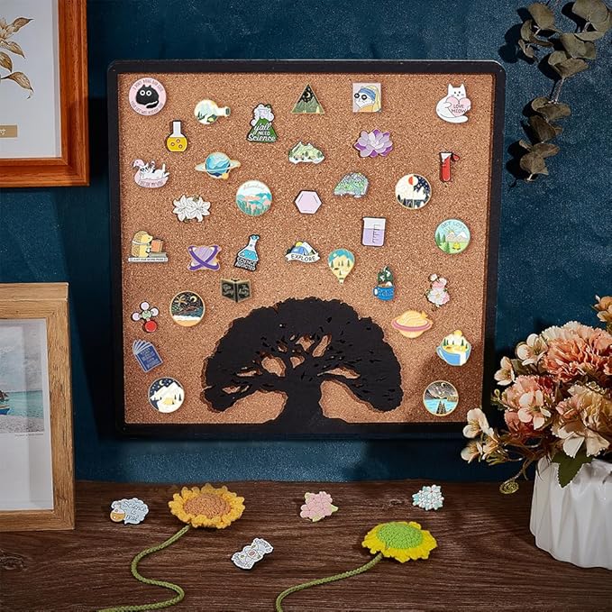 BENECREAT Square Tree of Life Pin Board Cork Board, 11.8x11.8inch Bulletin Display Board Wall Mounted Cork Board with Black Frame for Brooch Pin Storage Display, Office Home and School Decor