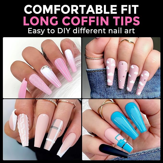 UNA GELLA Long Coffin Nail Tips: 216pcs Coffin Acrylic Fake Nails Full Cover Gel Nail Tips Press On Nails Clear Tips for Nail Extension DIY Salon 12 Sizes