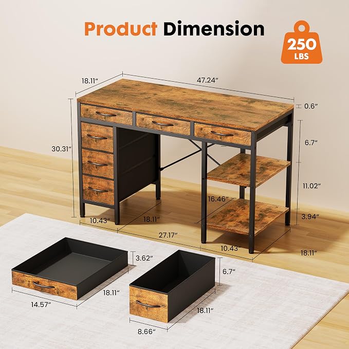OLIXIS 47 Inch Computer Desk with 6 Fabric Drawers, for Home Office Work | 6 Fabric Drawers & Reversible Gaming Desk, Office Workstation, Corner Desk with Storage, Home Office,Living Room,Dorm, Brown
