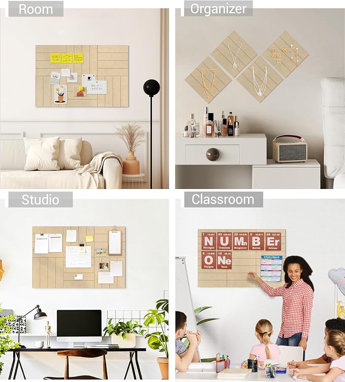 28" x 18" Felt Bulletin Board Tiles 1/2" Thick, Tan | 6 Pack Felt Tiles, Large Cork Board Alternative, 30 Adhesive Tabs, Pin Board for Home Office Decor with Easy Install
