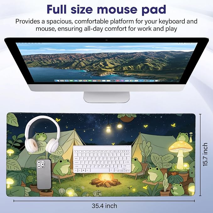 Large Extended Mouse Pad with Stitched Edges 35.4"x15.7" - Waterproof Desk Mat, Non-Slip Rubber Base for All-Desk Coverage, Perfect for Gaming Office Home, Frog03