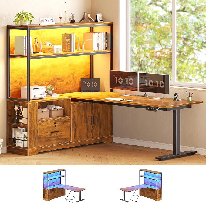 SEDETA 57" L Shaped Standing Desk, Sit Stand Office Desk with Storage Hutch | Rustic Brown Reversible Stand Up Corner Gaming Desk with Drawer, Shelves, LED Lights & Power Outlet for Work, Writing, Study