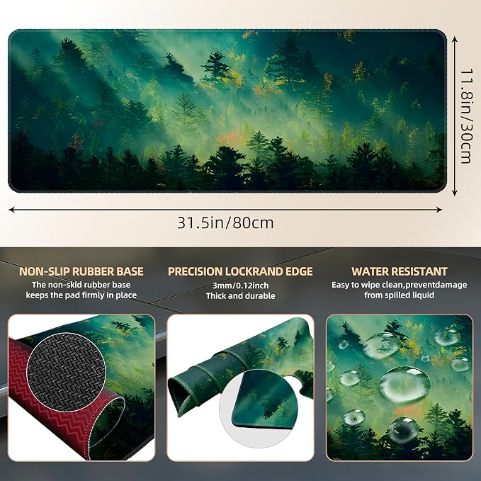 Galdas Mouse Pad,Office Desk Mat Large Gaming Keyboard Pad Durable Stitched Edges Washable Smooth Surface Control & Accuracy Extended Computer Mouse Mat (31.5X11.8In)-Green Forest… | Extended Computer Mouse Mat, 31.5X11.8In,Keyboard Pad,Durable Stitche...