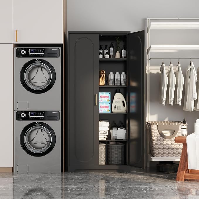 Steeloong 71"Metal Pantry Storage Cabinet with Doors & 4 Adjustable Shelves | Kitchen Pantry Cabinet,Black Kitchen Cabinet with 2 Gold Handles,Tall Cabinet for Livingroom,Pantry, Bathroom,Kitchen