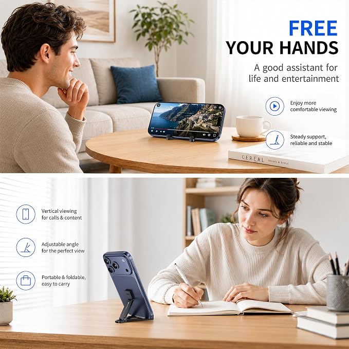 Portable Foldable Pocket Phone Stand with Keychain for Desk Travel(Black) | Mini aluminum, adjustable kickstand, lightweight metal, slim compact for office, plane