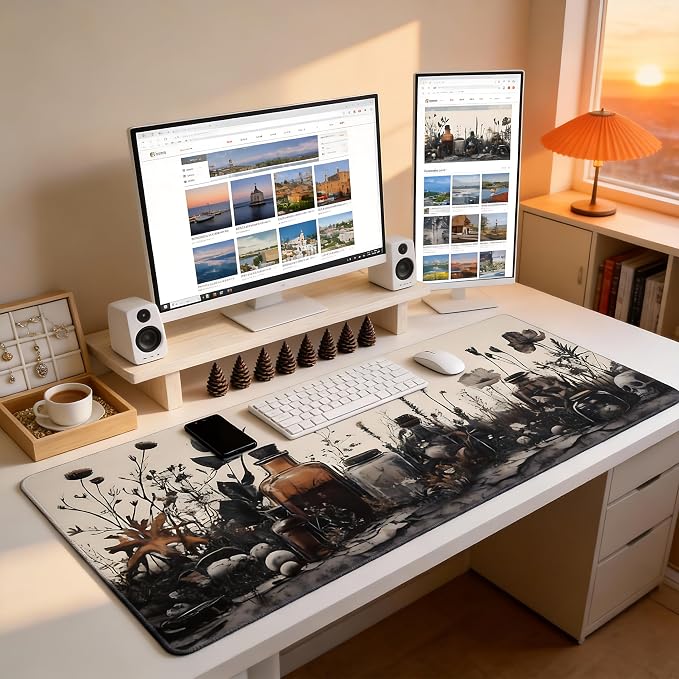 Aesthetic Skull Gaming Mouse Pad, Earth Tone Vintage Botanical Desk Mat with Anti-Slip Base & Stitched Edges,35.4" x 15.7" in Table Mat for Computer Desktop, Beautiful Workstation Decor