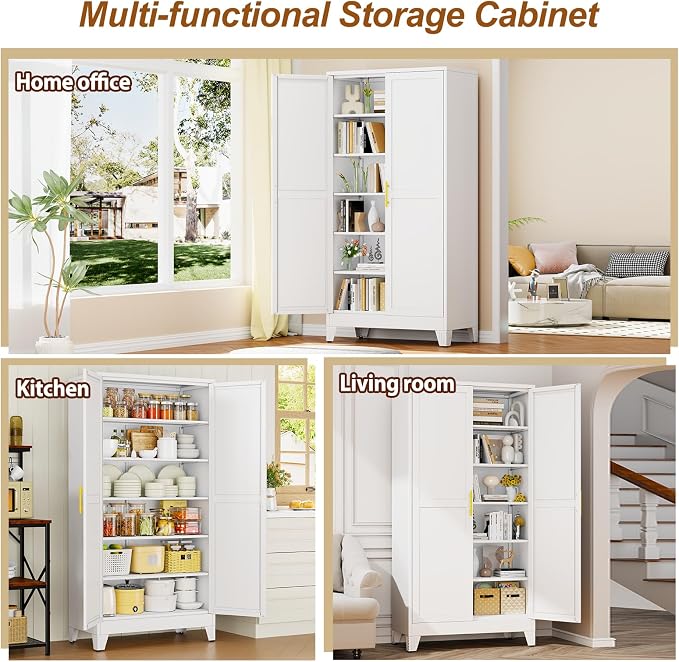 79" White Metal Storage Cabinet with 2 Doors and 5 Adjustable Shelves,Steel Garage Tool Cabinet, File Cabinet,Kitchen Pantry Cabinet for Home,Office,Garage,School,Warehouse