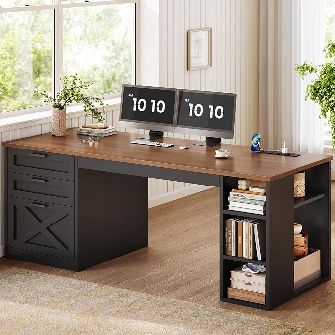 SEDETA 55.1" Farmhouse Office Desk with 3 Drawers for Home Office | Computer Desk with File Drawer & Storage Shelves, Home Office Desk with Power Outlet for Home Office,Black and Brown
