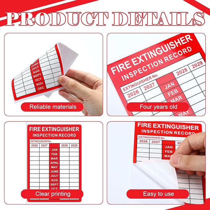 Fire Extinguisher Inspection Record Tags - 3.5" x 5" 2026-2029 Monthly Grid Fire Adhesive Safety Stickers Labels for School Office, and Home, Industrial