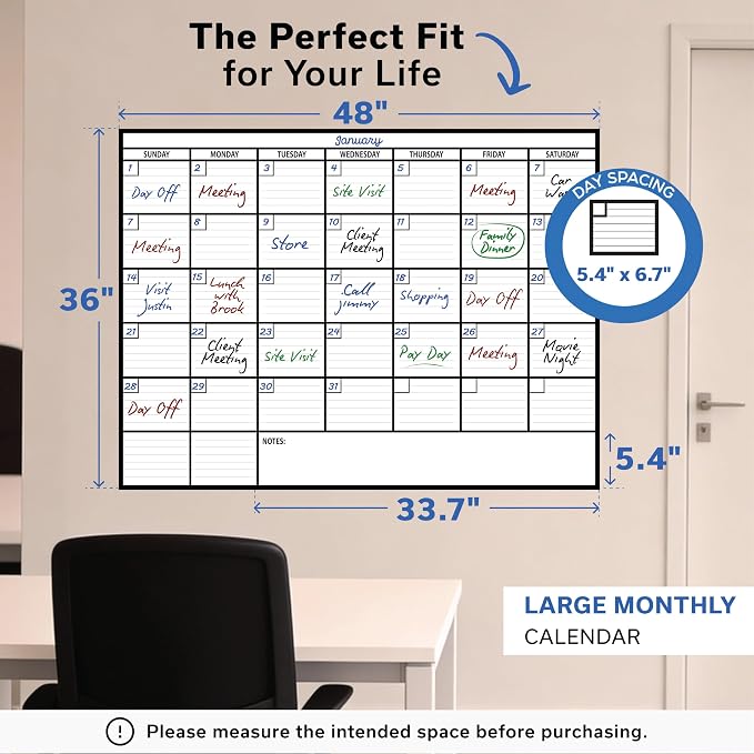 Large Dry Erase Calendar for Wall 36x48, Big Classroom Giant Month, Undated Reusable Family Monthly, Rolled Whiteboard White Board, Calendar Dry Erase Planner for Wall Erasable Large Office 48x36