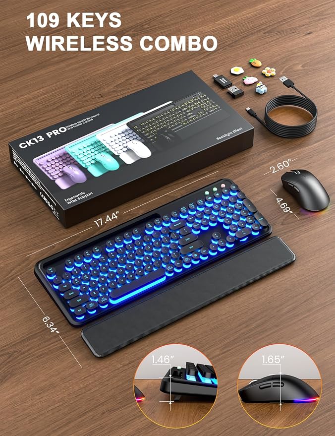 Wireless Keyboard and Mouse, Backlit Typewriter with Magnetic Wrist Rest | Phone Holder, Light Up Round Keycaps, Lighting Mouse, 2.4GHz Cordless Set for Mac, Windows, PC, Laptop, SABLUTE