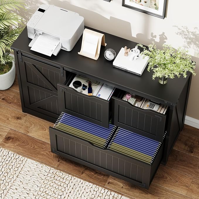 Halitaa 47.8” Farmhouse File Cabinet with Sliding Barn Door, Pure Black | Lateral Filing Storage Cabinets with Adjustable Shelf, 3 Drawers,Office Printer Stand for Hanging Files Letter/Legal/A4/F4