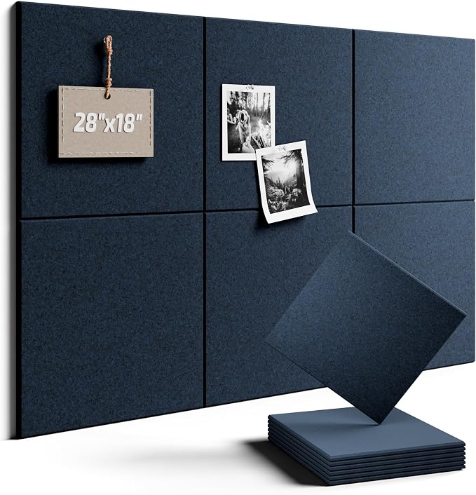 28" x 18" Felt Bulletin Board Tiles, Solid-Tile, Carbon Blue | 6-Pack Cork Board Alternative, 30 Adhesive Tabs, Push Pin Board, Wall Decor, Office, Home, Classroom, Dorm