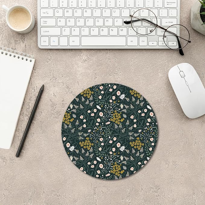Dark Green Plant Mouse Pad, Cottagecore Vegetation Wildflowers Mousepad Mouse Mat with Non-Slip Rubber Base for Home Office Desk Accessories, Green Office Supplies, 7.9x7.9 Inch