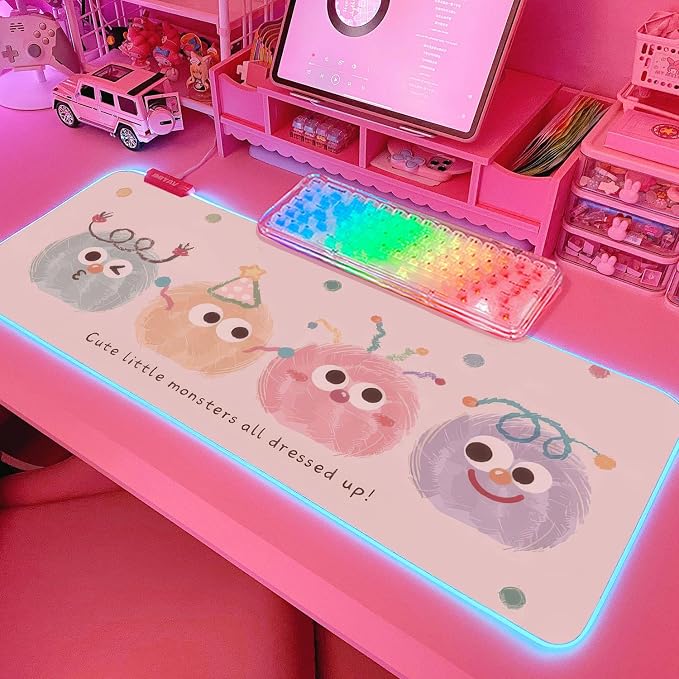 JMIYAV Pink RGB Gaming Mouse Pad 31.5x12 Inch Cute Mousepad PC XL Large Extended Glowing Led Light Up Desk Pad Non-Slip Rubber Base Computer Mat Desk Accessories Gaming Setup Party Puffs