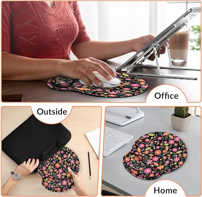 Ergonomic Mouse Pad with Wrist Rest, Small Mousepad with Non-Slip Rubber Base and Smooth Surface, Black Flowers Mouse Pads for Desk, Office Desk Accessories