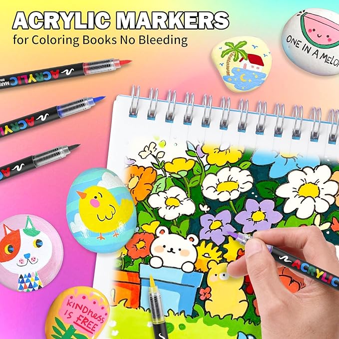 Acrylic Paint Markers Brush Tip,12 Colors Paint Pens Acrylic Markers Set,Watercolor Paint Markers for Wood,Paper,Plastic,Glass,Fabric,Vibrant marcadores acrílicos (12 Colors)