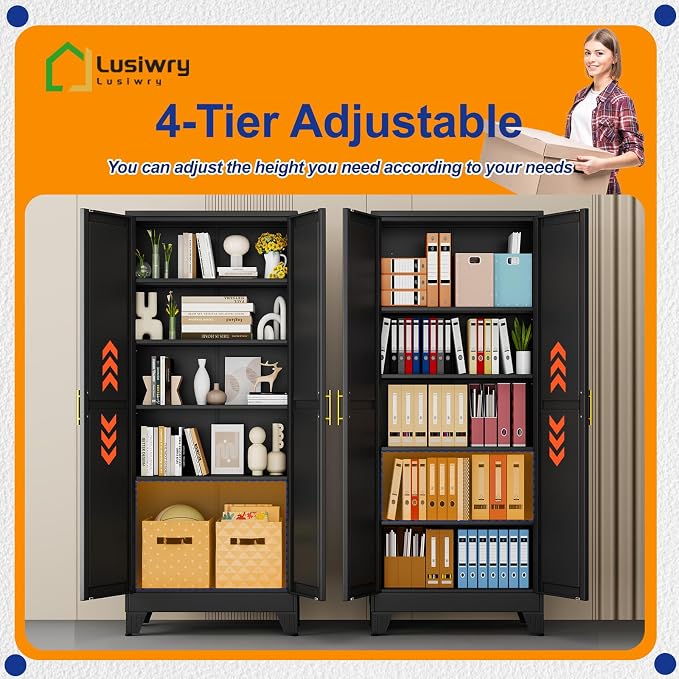 Metal Storage Cabinet with 2 Doors and 4 Adjustable Shelves - 71" Steel File Cabinet,Tool Cabinets for Office,Home,Garage,Gym,School (Black)