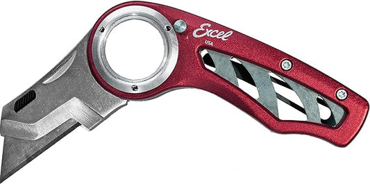 Excel Blades Revo Folding Utility Knife – Heavy-Duty Box Cutter with Aluminum Body, Quick-Change #92 Blades, 3 Lock Positions Design, Anti-Slip Finger Loop Grip, Holster Included – Red