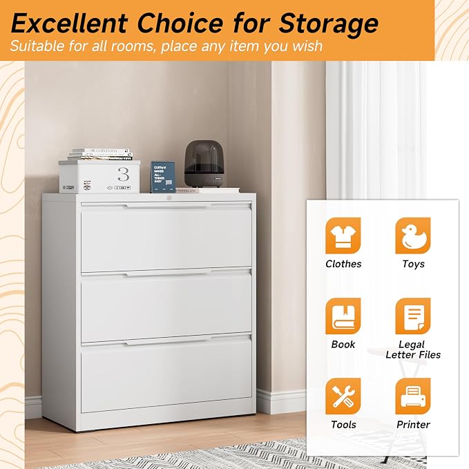 Bestoo 3 Drawer File Cabinet, Metal Lateral Filing Cabinet with Lock | Lockable Drawers, Large Storage Capacity, Heavy Duty Build, Smooth & Quiet Slides, Suitable for Letter/Legal/F4/A4 Size