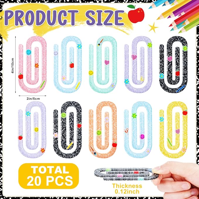 20 Pcs 4 Inch Teacher Jumbo Paper Clips | Teacher Appreciation Gifts Acrylic Bookmark Set for Notebooks and Pagination, Office and Classroom Supplies