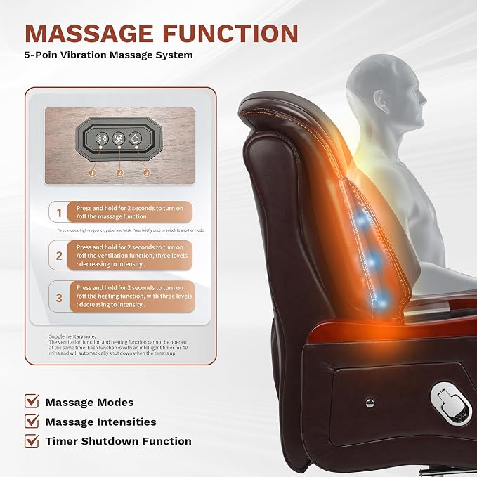 Kinnls Jones Genuine Leather Executive Office Chair with Massage Ventilation and Heating, Luxury Managerial Executive Home Desk Chairs, Big and Tall Recliner with Footrest (Massage Chair-Coffee)