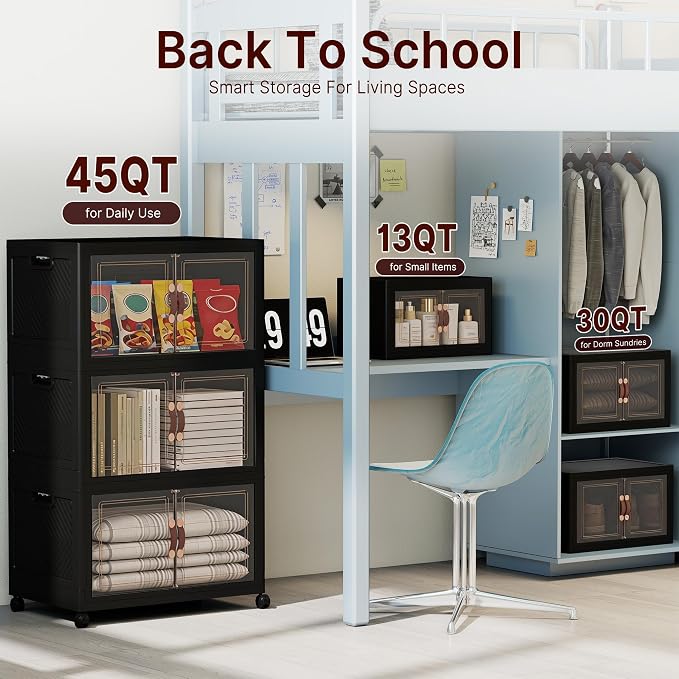 Stackable Storage Bins with Lids, 540QT Lockable Storage Cabinet | Folding Storage Box with Doors and Wheels, Collapsible Plastic Drawers for Home, Garage, Office
