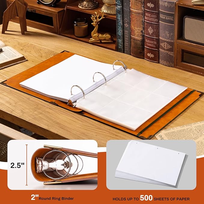 PU Leather 3 Ring Binder Fits 8.5"x11" Letter Size Paper, 2 Inch Round Ring Binder Holds 500 Sheets, Notepad Paper Cover Loose Leaf Organizer, Green Tree