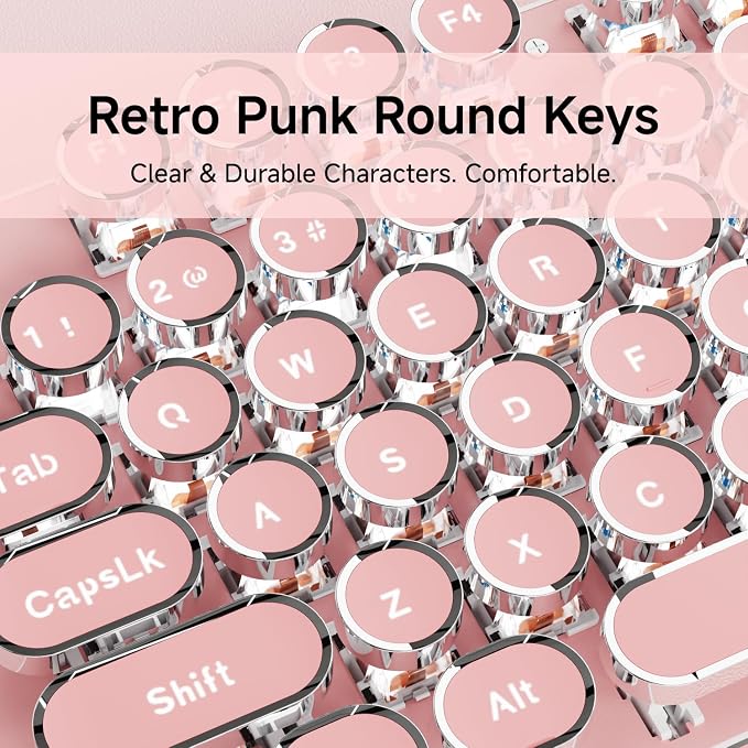 Wired Typewriter Style Mechanical Keyboard with White Backlit, Cute-Pink | Retro Punk Round Keycaps, Metal Panel, Clicky Blue Switch, 104 Keys Full Size Desk Setup for Windows PC, Mac, Desktop, Laptop