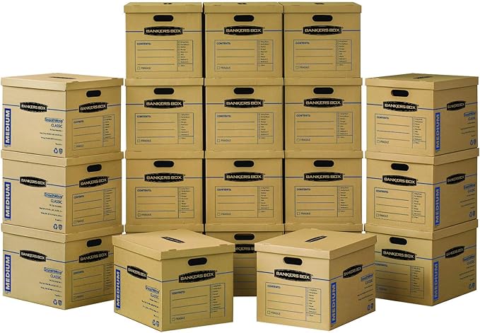 Bankers Box Medium Classic Moving Box 20 Pack, Reinforced Handles, Tape-Free Assembly, Box with Lid, 19-In x 14.5-In x 15.5-In (8817202)