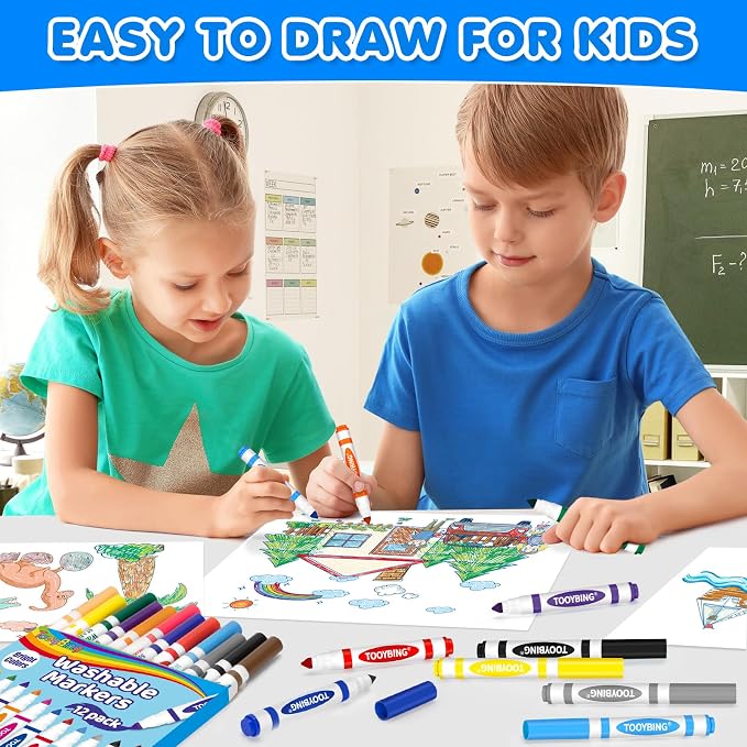Washable Markers Bulk (72 Count, 6 Box), Broad Line Markers for Kids with Conical Tip, Assorted Colors, Drawing Essentials for School Classroom, Student Must Have for Coloring Book, Art Craft Supplies