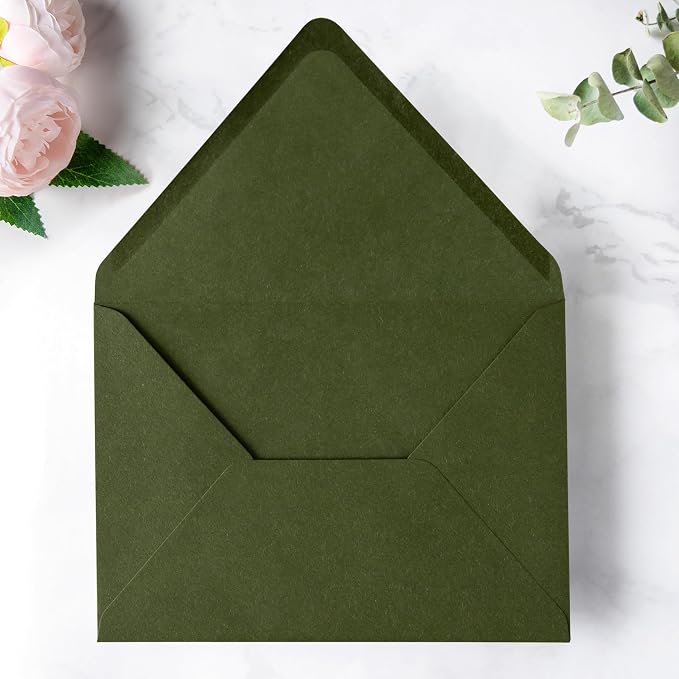 PONATIA 50PCS A7 Euro Flap Envelopes, 5.25 x 7.25'' Envelope for 5x7'' Weddings Invitation Cards, Christmas Gift Cards, Acrylic Invitations, Photos (Olive Green (No Liner))